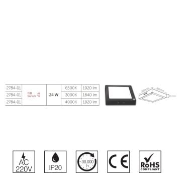 inoled 2784-02 24 Watt Siyah Kasa Sensörlü Sıva Üstü Kare LED Panel - Gün Işığı (3000K)