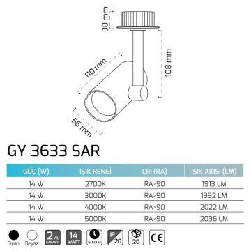 GOYA GY 3633 SAR 14 Watt Dimli Siyah/Beyaz Gövde Sıva Altı Hareketli LED Spot