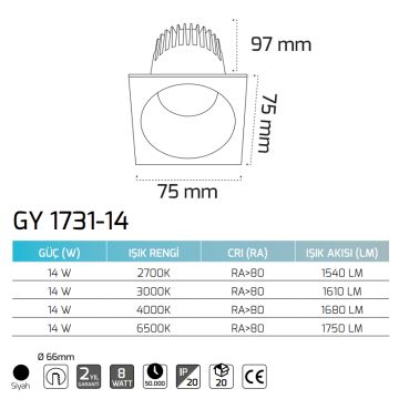 GOYA GY 1731-14 14 Watt Siyah Sıva Altı Kare Dimli LED Spot