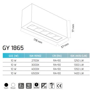 GOYA GY 1865 10 Watt Beyaz/Siyah Gövde Sıva Altı Dimli LED Spot