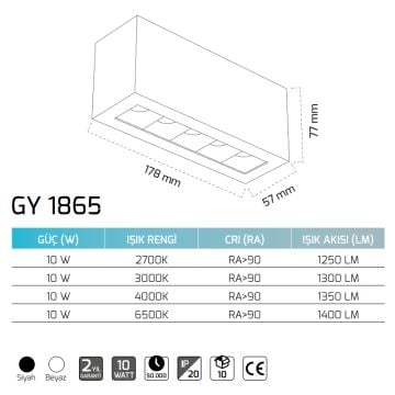 GOYA GY 1865 10 Watt Beyaz/Siyah Gövde Sıva Altı LED Spot