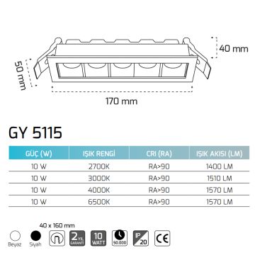 GOYA GY 5115 14 Watt Siyah/Beyaz Gövde Sıva Altı Hareketli LED Spot