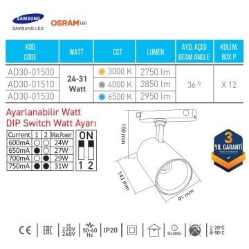 ACK AD30-01500 24-41 Watt Beyaz Gövde OSRAM LED Ray Spot - Gün Işığı (3000K)