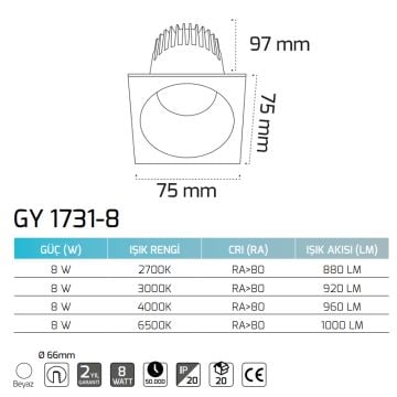 GOYA GY 1731-8 8 Watt Beyaz Sıva Altı Kare LED Spot