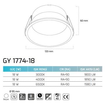 GOYA GY 1774-18 14 Watt Beyaz Sıva Altı Dimli LED Spot