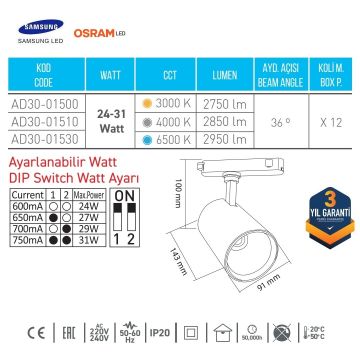 ACK AD30-01510 24-41 Watt Beyaz Gövde OSRAM LED Ray Spot - Ilık Beyaz (4000K)