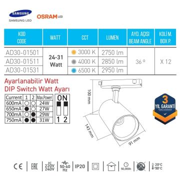 ACK AD30-01531 24-41 Watt Siyah Gövde OSRAM LED Ray Spot - Beyaz Işık (6500K)