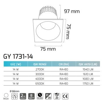 GOYA GY 1731-14 8 Watt Beyaz Sıva Altı Kare LED Spot