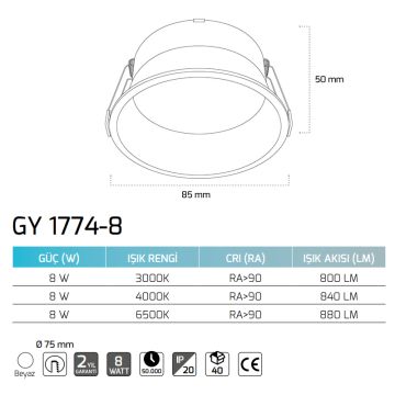 GOYA GY 1774-8 8 Watt Beyaz Sıva Altı Dimli LED Spot