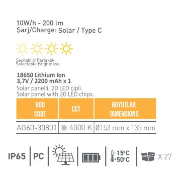 ACK AG60-30801 10 Watt Solar Bahçe Armatürü - Ilık Beyaz (4000K)