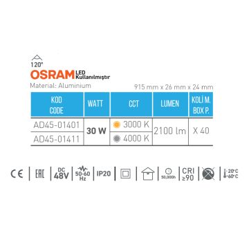 ACK AD45-01401 30 Watt 91 cm OSRAM LED Magnet Armatür - Gün Işığı (3000K)