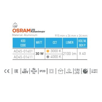 ACK AD45-01411 30 Watt 91 cm OSRAM LED Magnet Armatür - Ilık Beyaz (4000K)