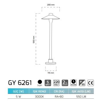 GOYA GY 6262 5 Watt 55 cm Şapkalı LED Bollard Armatür - Gün Işığı (3000K)