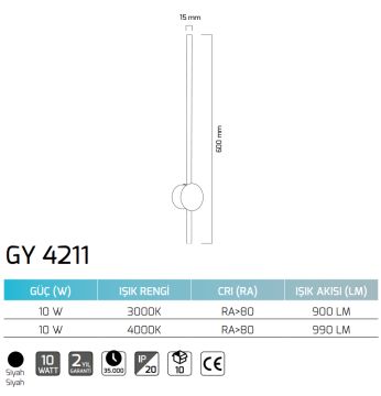 GOYA GY 4211 10 Watt Siyah Gövde LED Çubuk Aplik - Gün Işığı (3000K)