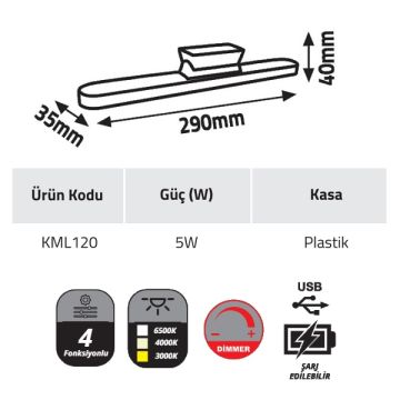 K2 GLOBAL KML120 5 Watt USB Şarjlı ve Dimli LED Okuma Apliği - 3 Işık Renkli (Beyaz + Ilık Beyaz + Gün Işığı)