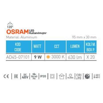 ACK AD45-07101 9 Watt OSRAM LED Magnet Ray Spot - Gün Işığı (3000K)