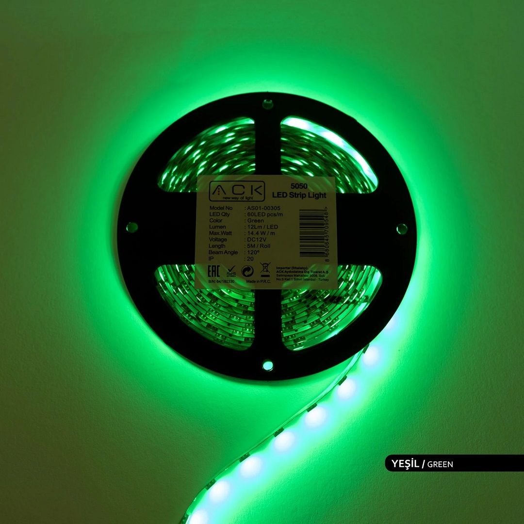 ACK AS01-00305 12 Volt 14.4 Watt/Metre Yeşil Şerit Led [5 Metre]