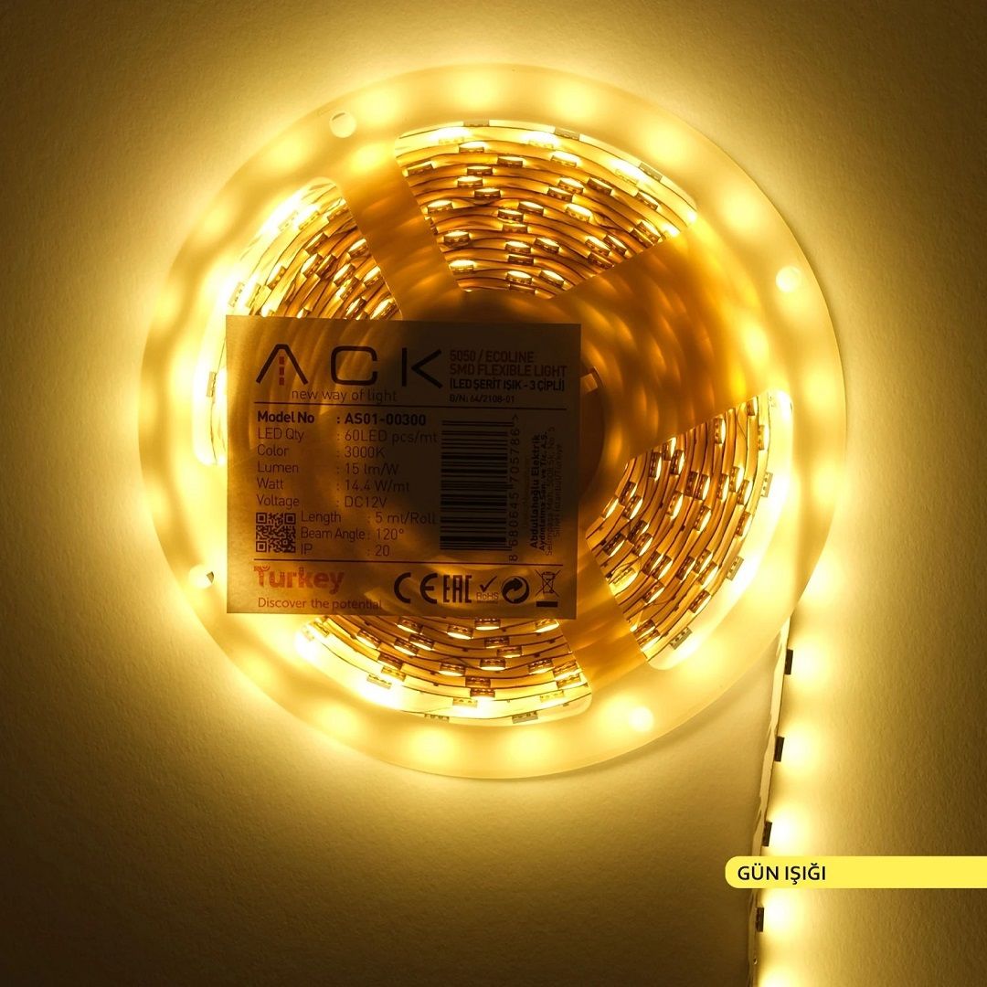 ACK AS01-00300 12 Volt 14.4 Watt/Metre Gün Işığı (3000K) Şerit Led [5 Metre]