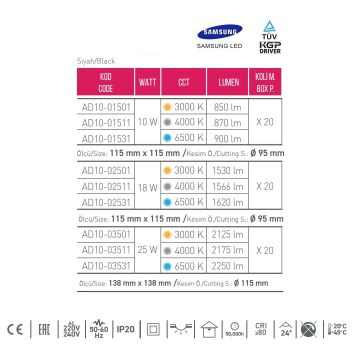 ACK AD10-03501 25 Watt Siyah Sıva Altı Kare SAMSUNG LED Spot - Gün Işığı (3000K)