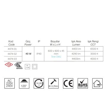 inoled 4474-02 40 Watt TSE Sertifikalı 60x60 Sıva Üstü LED Panel - Gün Işığı (3000K)