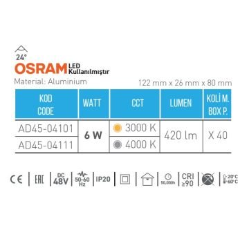 ACK AD45-04101 6 Watt 12 cm Lensli OSRAM LED Magnet Armatür - Gün Işığı (3000K)