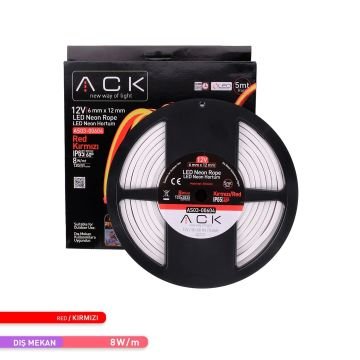 ACK AS03-00604 12 Volt 10 Watt/Metre Dimlenebilir Neon Hortum Led - Kırmızı Işık [5 Metre]