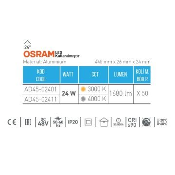 ACK AD45-02411 24 Watt 45 cm Lensli OSRAM LED Magnet Armatür - Ilık Beyaz (4000K)