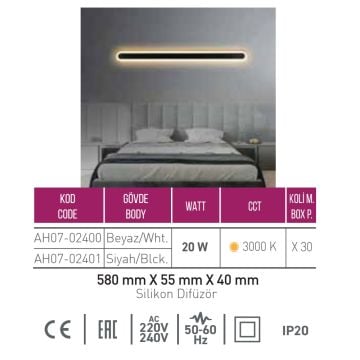 ACK AH07-02401 20 Watt 58 cm Siyah Gövde LED Aplik - Metal - Gün Işığı (3000K)