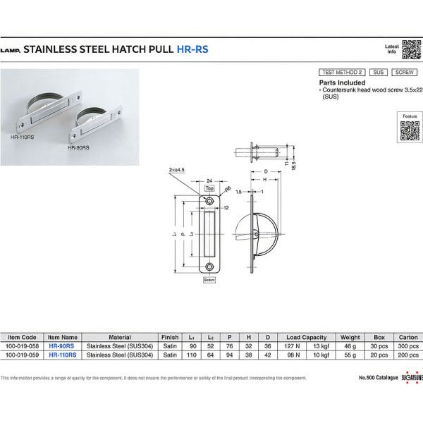 Sugatsune HR-110RS Lamp Paslanmaz Hatch Kulp