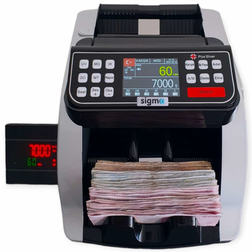 Plus Silver Para Sayma Makinesi | TL-Euro Karışık, USD Adet Sayım, TFT Ekran + Sesli Uyarı