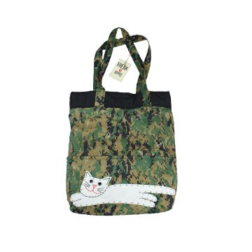 Apple Freak, Handmade Bag, Camouflage Pattern, White Cat Appliqué Fabric