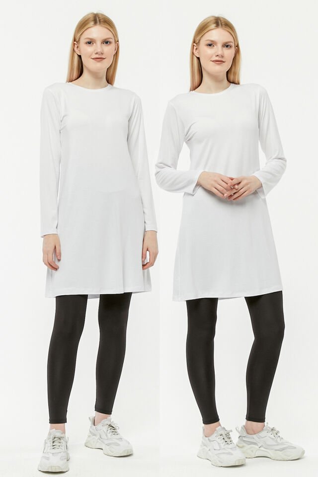 Uzun Kollu Viskon Penye Kurtarıcı İkili Kadın Tunik 2xl - BEYAZ-BEYAZ