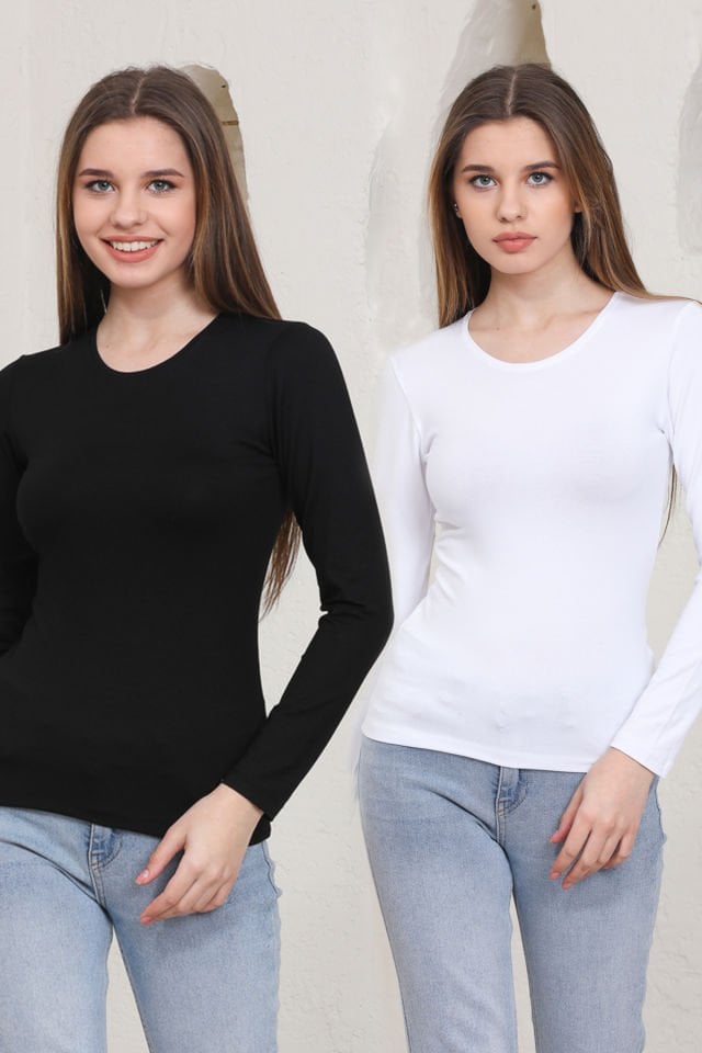 Irk İkili Siyah-Beyaz Bisiklet Yaka Penye Kadın Body