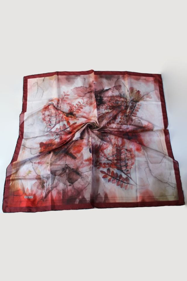 120x120 Çiçek Desenli Soft Pamuk Eşarp - Kırmızı