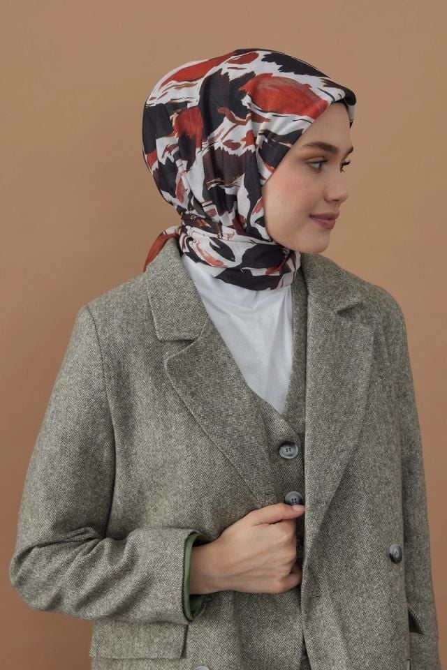 110x110 Akış Desenli Pamuklu Eşarp - Kiremit