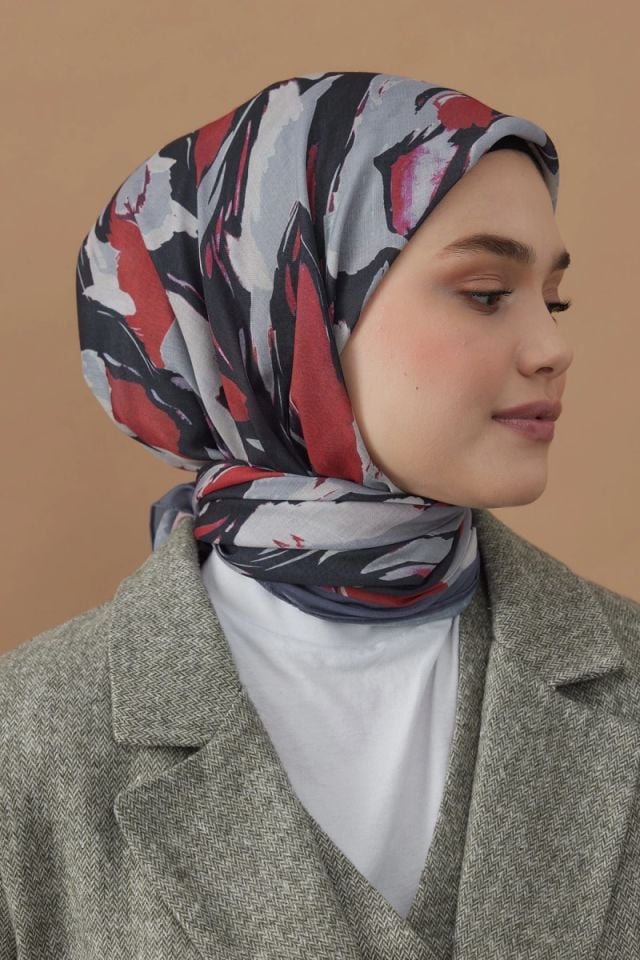 110x110 Akış Desenli Pamuklu Eşarp - Koyu Gri