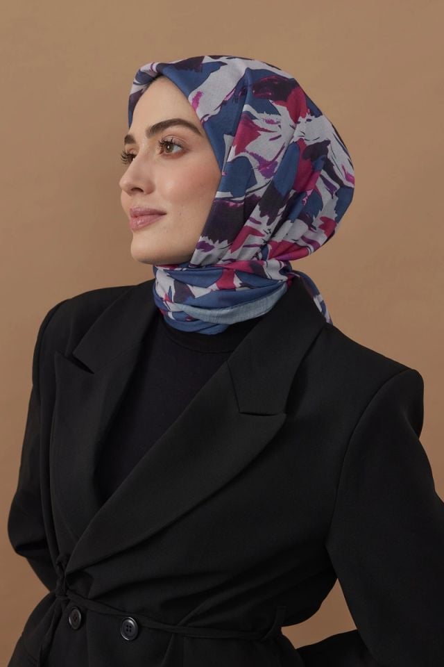 110x110 Akış Desenli Pamuklu Eşarp - Mavi