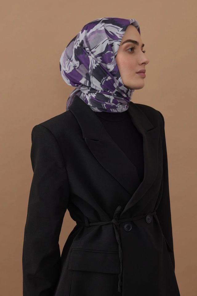 110x110 Akış Desenli Pamuklu Eşarp - Mor