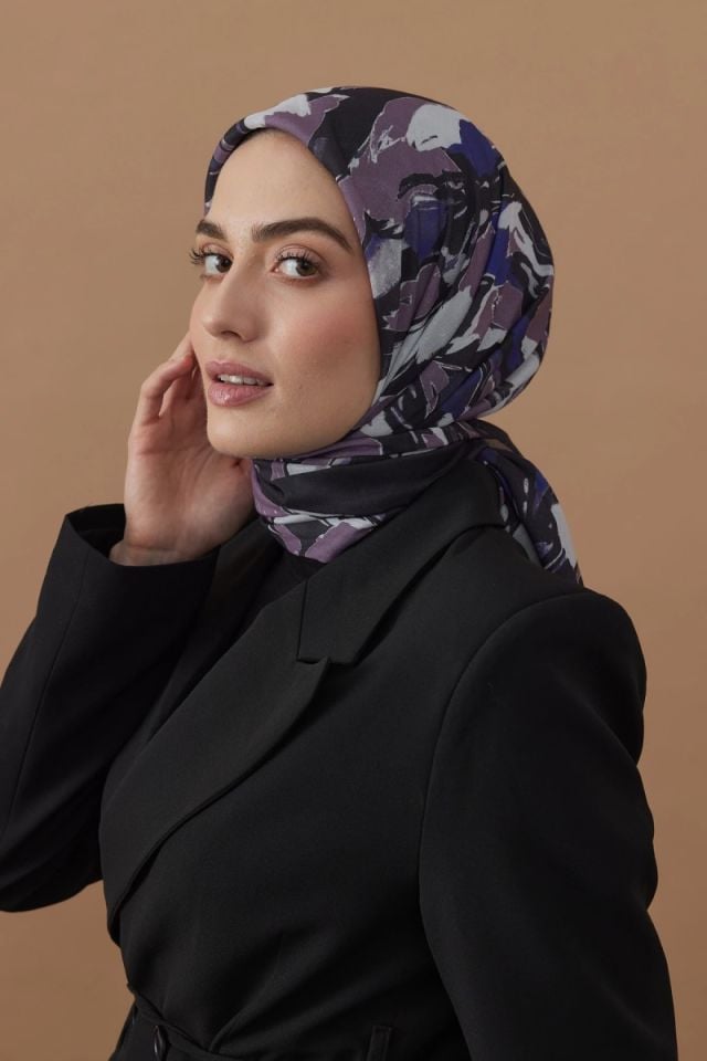 110x110 Akış Desenli Pamuklu Eşarp - Siyah Mor