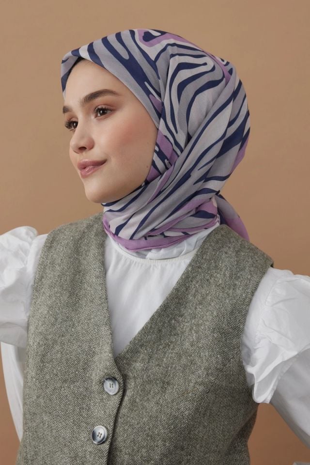 110x110 Zebra Desenli Pamuklu Eşarp - Lila