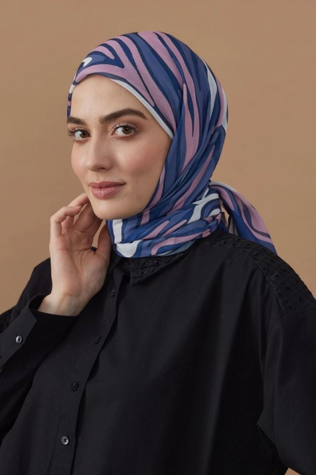 110x110 Zebra Desenli Pamuklu Eşarp - Mavi