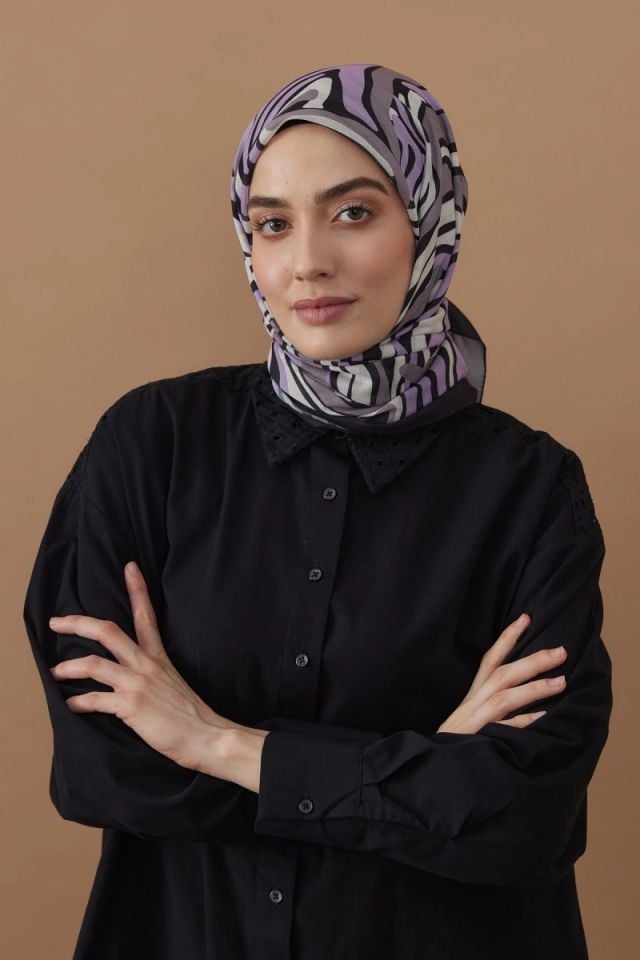 110x110 Zebra Desenli Pamuklu Eşarp - Siyah Lila