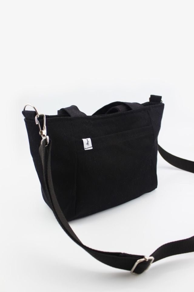 Keten Kumaş Siyah Çıtçıt Kapamalı Kadın Mini Boy El ve Omuz Çantası 16x15x10 Cm