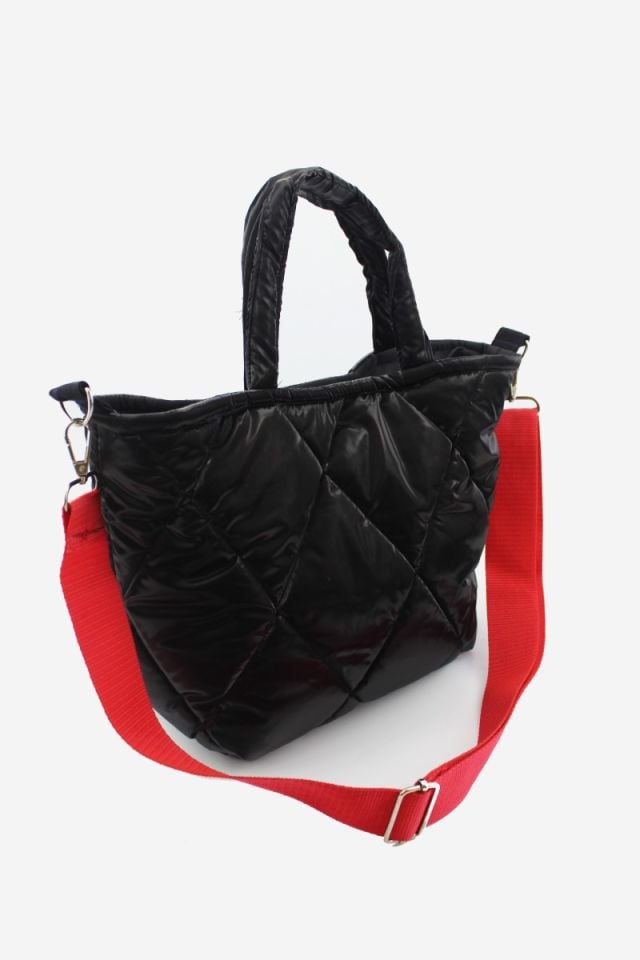 Kapitone Desenli Siyah Kadın Orta Boy El ve Omuz Çantası 32x23x12 Cm (Kırmızı Kolon)