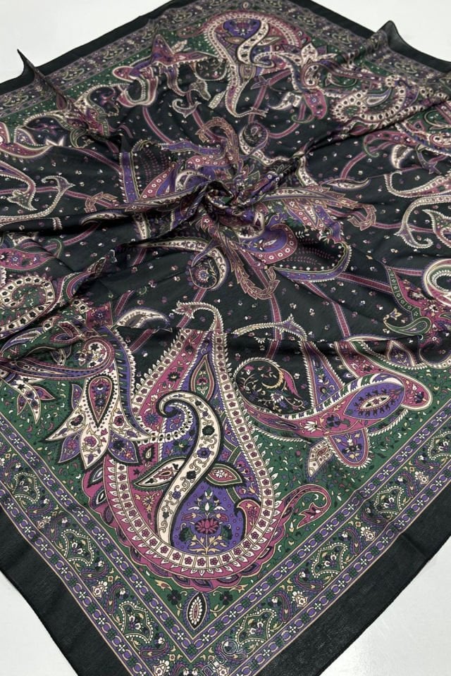 120x120 Etnik Desenli Soft Pamuk Eşarp - Siyah Mor