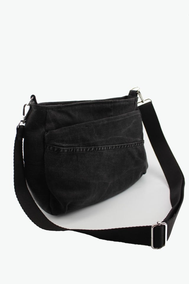 Düz Renk Kot Kumaş Fermuar Kapamalı Gri Kadın Orta Boy Çapraz Omuz Çantası 28x22x9 Cm