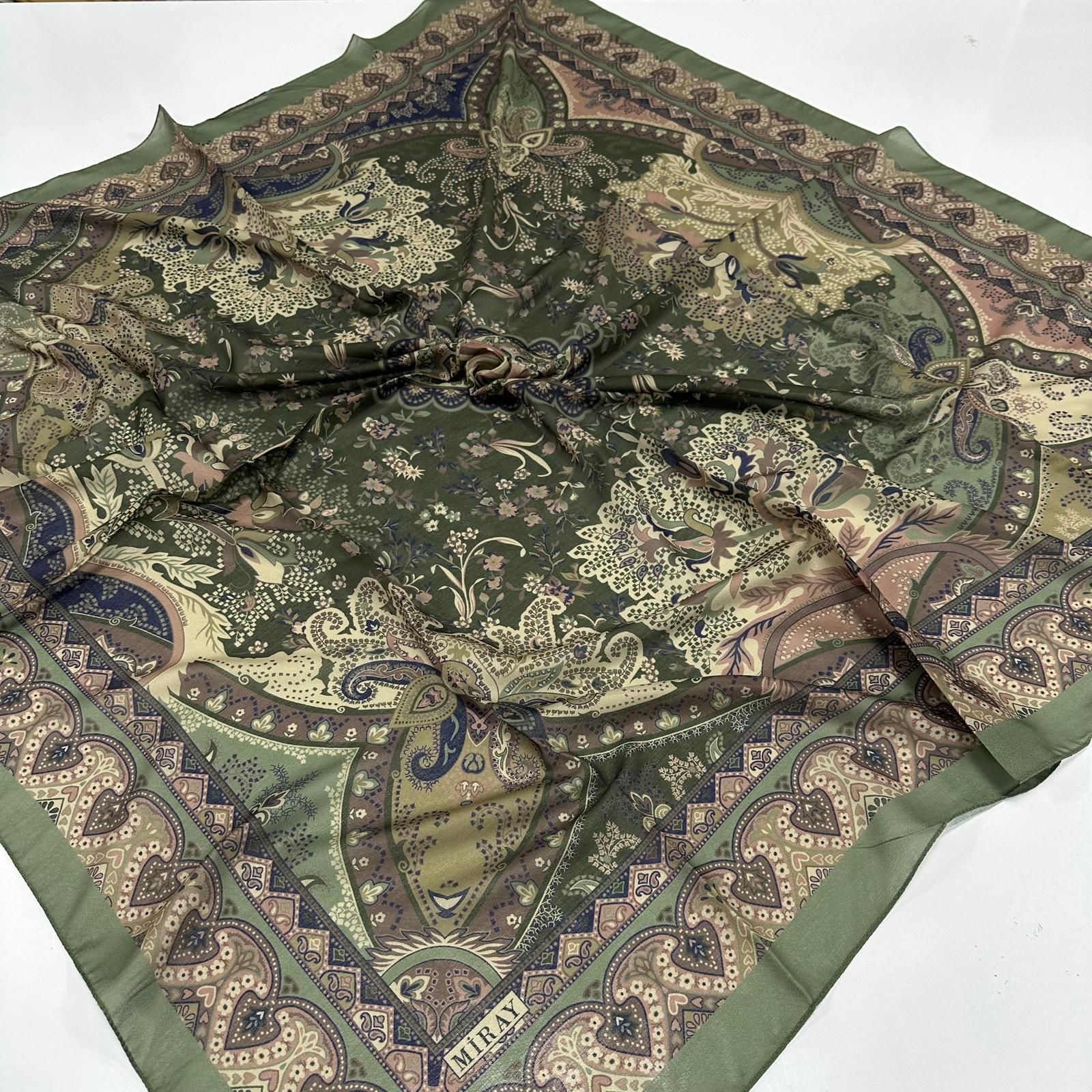120x120 Etnik Desenli Soft Pamuk Vintage Eşarp - Haki