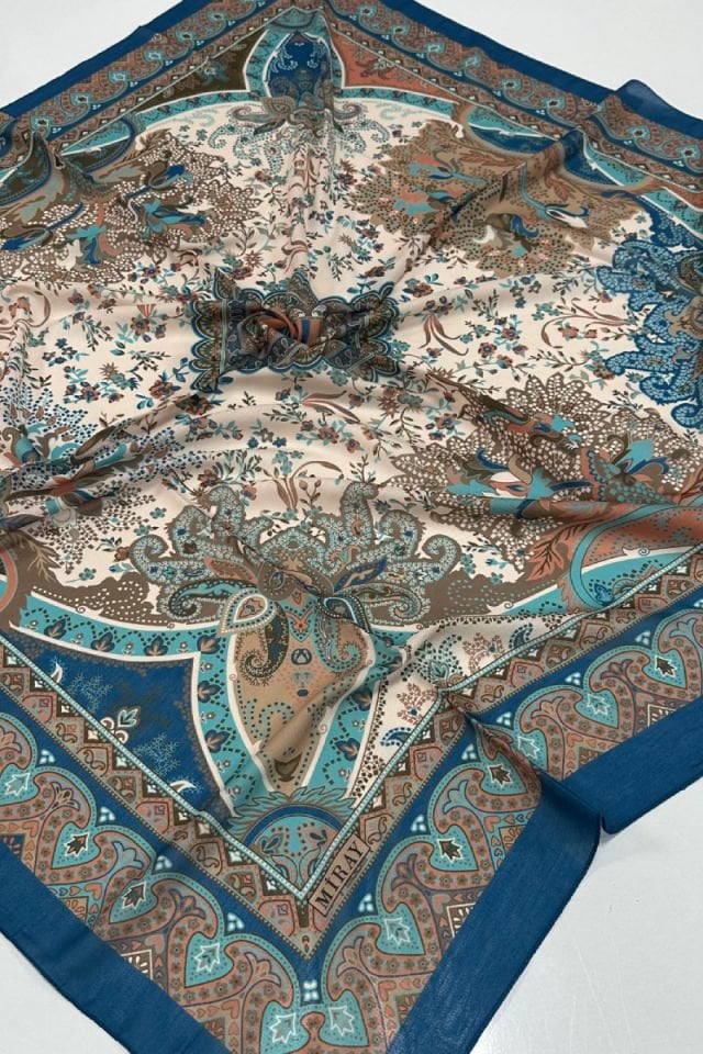 120x120 Etnik Desenli Soft Pamuk Vintage Eşarp - İndigo