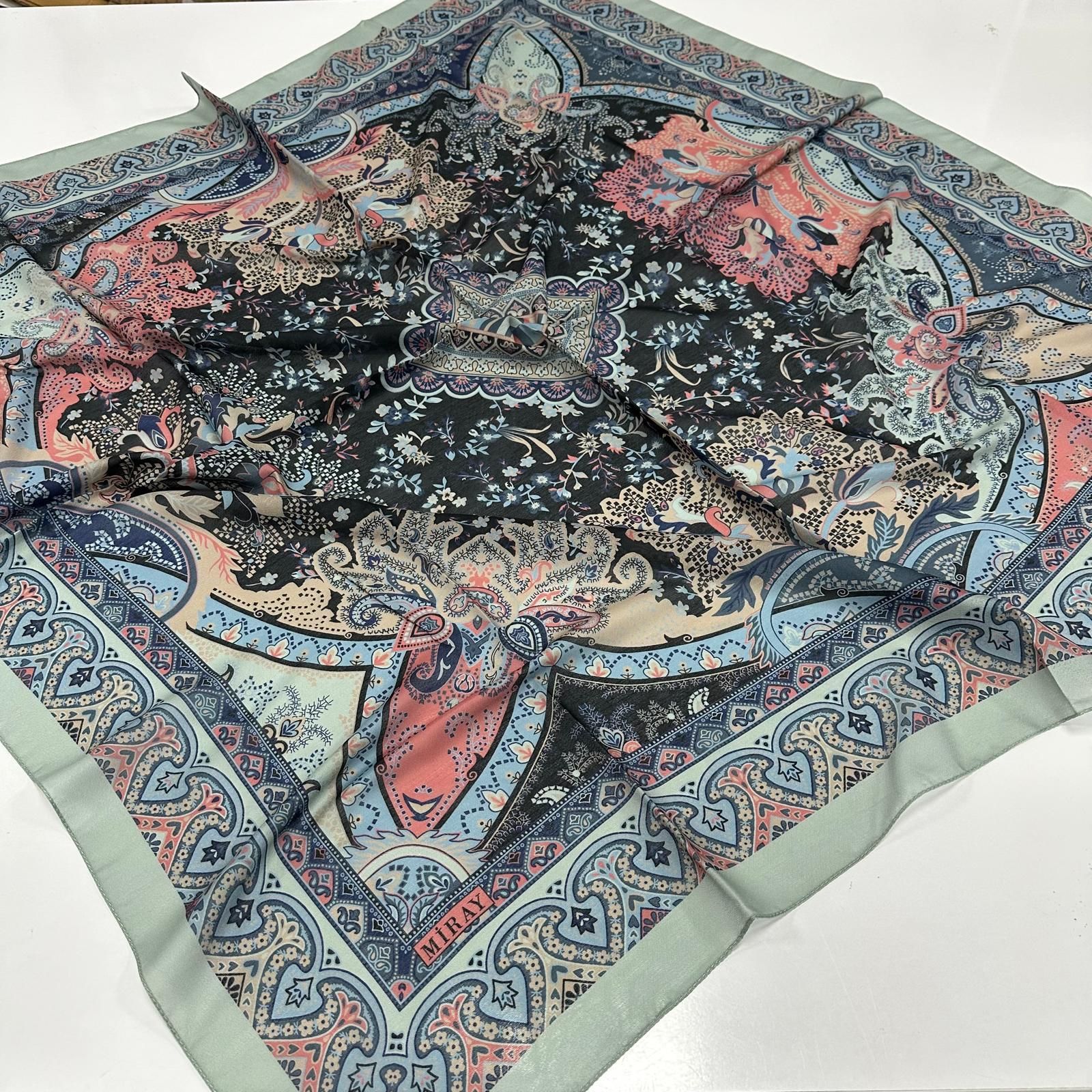 120x120 Etnik Desenli Soft Pamuk Vintage Eşarp - Su Yeşili