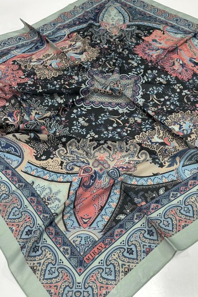 120x120 Etnik Desenli Soft Pamuk Vintage Eşarp - Su Yeşili